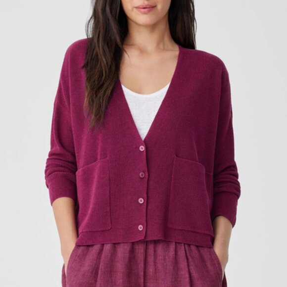 Eileen Fisher Organic Linen Cotton V-Neck Cardigan Oversized Boxy Plum Purple - Picture 1 of 14